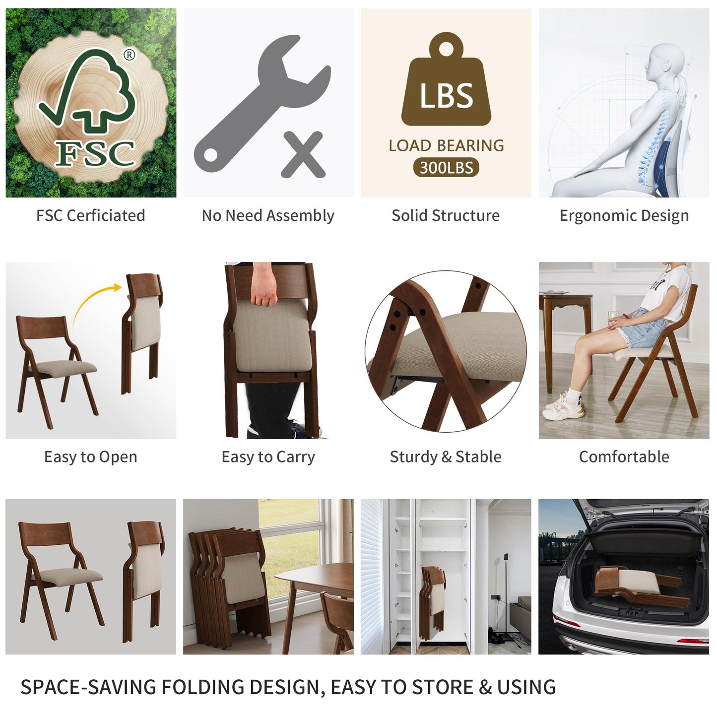 FAVSH Folding Dining Chairs Set of 2, Upholstered Kitchen Chair with Padded Seat & Wood Backrest, Modern Side-Chair with Wood Legs for Home Office Living Room,No Assembly Needed,Walnut