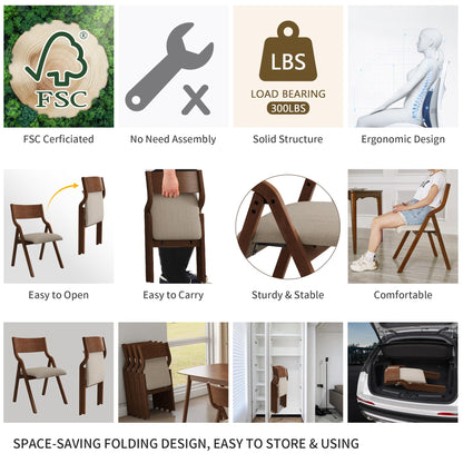 FAVSH Folding Dining Chairs Set of 2, Upholstered Kitchen Chair with Padded Seat & Wood Backrest, Modern Side-Chair with Wood Legs for Home Office Living Room,No Assembly Needed,Walnut