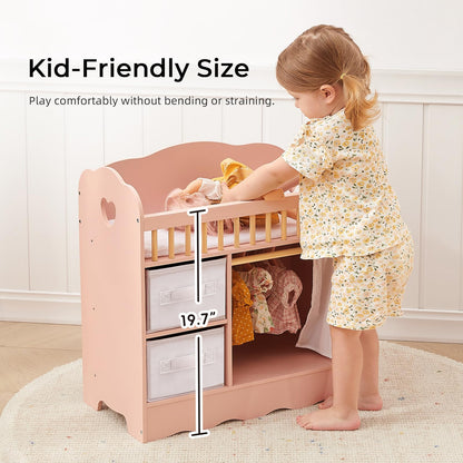 OOOK Baby Doll Crib, Wooden Baby Doll Bed and Changing Table, Dollhouse Furniture with Two Storage Box, Bedding and Coat Hangers, Nursery Playset Suitable for Dolls Under 22 Inches, Pink