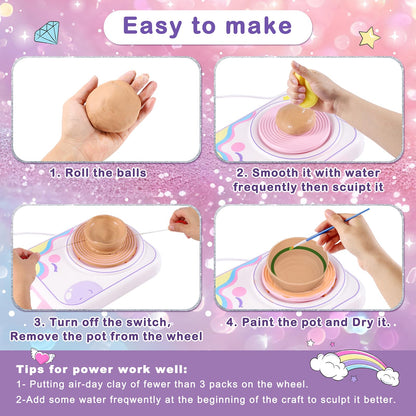 weirtoya Pottery Wheel for Kids, Girls Arts and Crafts Toys for Kids Ages 8-12,Pottery Craft Kit with 3 Pack Air-Dry Clay, Art Supplies for Kids Toys Girls Birthday Gift for 6 7 8 9 10 11 12+