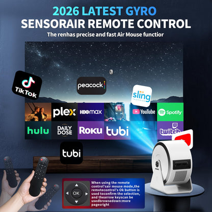 Mini Projector 4K 1080P [Built-in Apps] 2026 Upgraded Projector Portable, Auto Focus & Auto Keystone 360° Rotatable, with WiFi 6 & Bluetooth 5.4 Compatible with HDMI/TV Stick/USB/Laptop,White