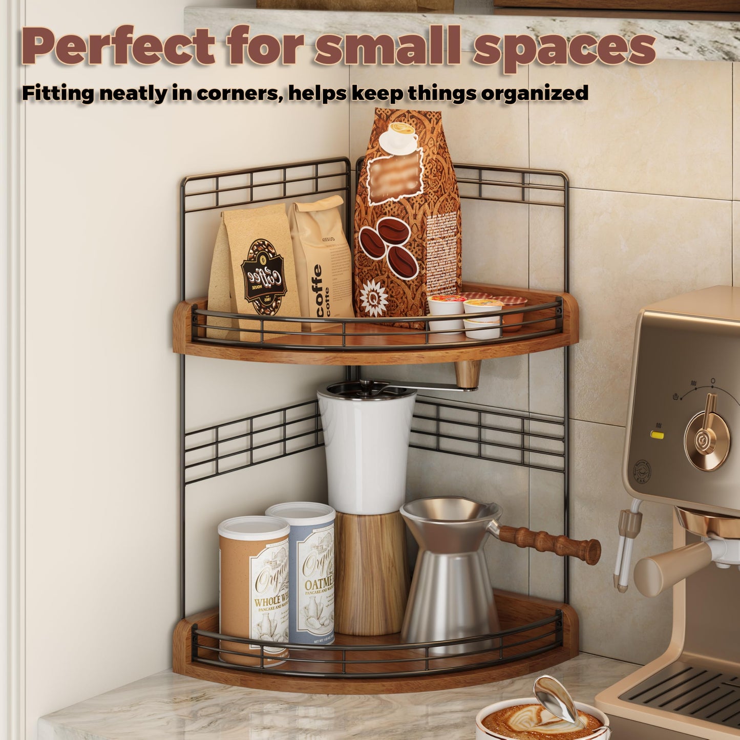 JNFUZ Bathroom Countertop Corner Organizer for Small Spaces – 2-Tier Counter Shelf for Sink & Vanity, Compact Vertical Storage for Toiletries (Walnut)