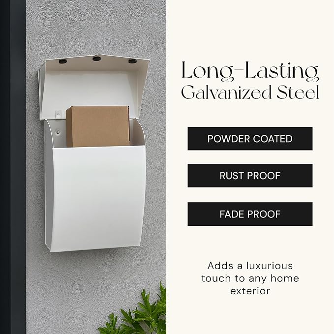 NACH Mailboxes for Outside Wall Mount, 4.8 x 10 x 13 inch White Wall Mounted Mailboxes for Outside, Waterpoof Mailbox for House - The Bradley Large Mail Box