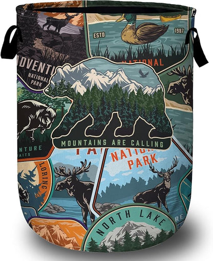 Retro Mountain Bear Laundry Basket, Foldable Wild Animals Laundry Hamper Tote