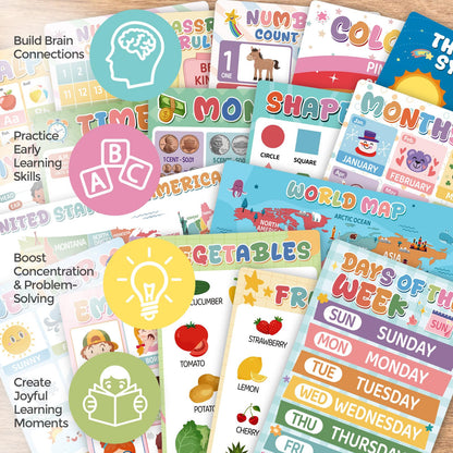 KONVINIT 18 Pack Educational Posters for Classroom Must Haves, Boho Learning Posters For Toddlers 1-3 with PET Lamination, Toddler Learning Posters - Kindergarten & Preschool Classroom Decor School Supplies For Kids