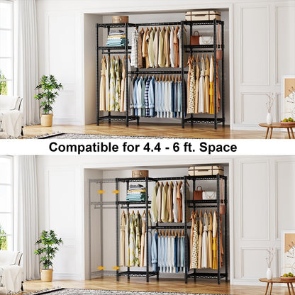 Ulif E7 Garment Rack, Heavy Duty Clothes Storage System with Extendable Hangers Rods, Metal Clothe Rack with 6 Wire Shelves, (52.3"-72") W x 14.5" D x 71.2" H, Load 838 LBS