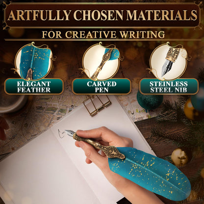 Turquoise Feather Quill Pen and Ink Set – Stainless Steel Dip Pen with 5 Nibs, Non-Slip Grip, Stand & Gift Box – Vintage Quill and Ink Set for Signing, Writing Calligraphy Kit, Elegant Writer Gift