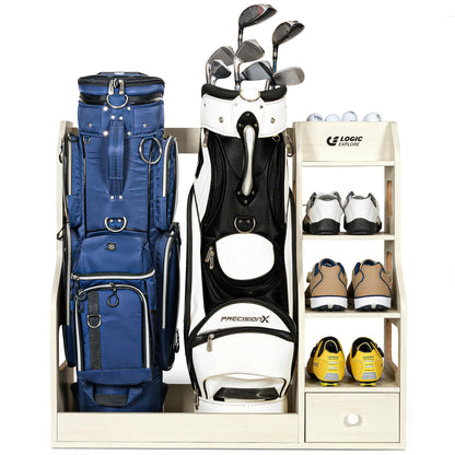Logicexplore Premium Wooden Golf Bag Organizer Rack, Golf Bag Storage Rack with Drawer, MDF Wooden Golf Organizer for 2 Golf Bags, Heavy Duty Golf Equipment Storage Rack for Home, Garage, Golf Club