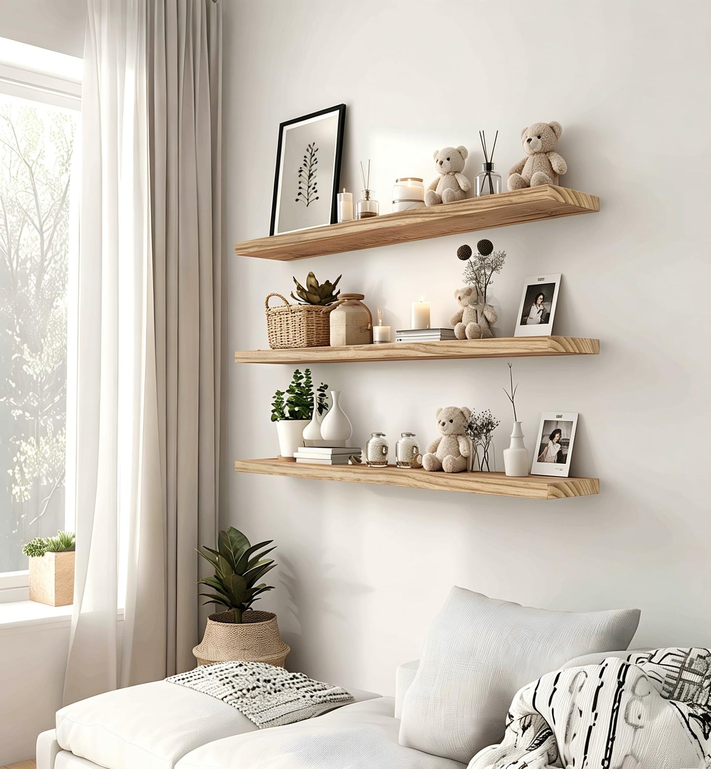 HXSWY 24 Inch Rustic Wood Floating Shelves Farmhouse Wooden Wall Shelves for Bathroom Bedroom Living Room Kitchen Office Set of 4 Light Brown