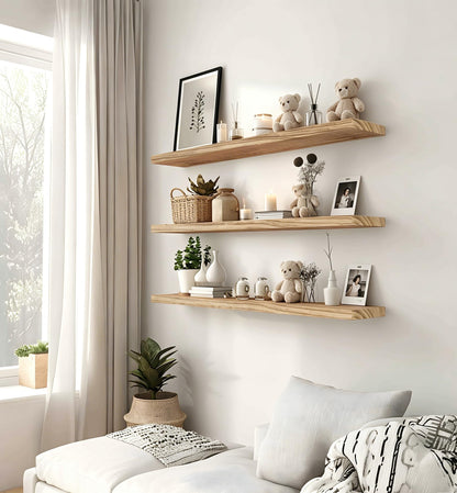 HXSWY 24 Inch Rustic Wood Floating Shelves Farmhouse Wooden Wall Shelves for Bathroom Bedroom Living Room Kitchen Office Set of 4 Light Brown