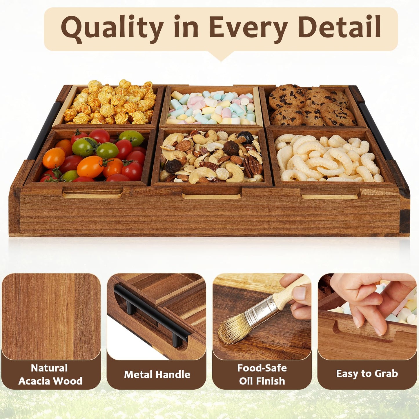 Exttlliy Acacia Wooden Modular Serving Tray with Handle, Set of 6 Rectangular Trays for Charcuterie, Fruit, Snacks, Appetizers & Desserts, Serving Platter for Parties, Home Decor & Coffee Table