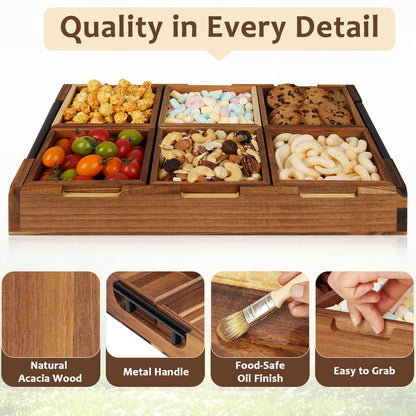 Exttlliy Acacia Wooden Modular Serving Tray with Handle, Set of 6 Rectangular Trays for Charcuterie, Fruit, Snacks, Appetizers & Desserts, Serving Platter for Parties, Home Decor & Coffee Table
