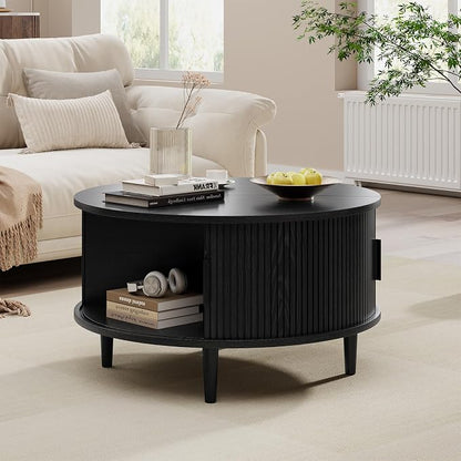 Round Coffee Table with Storage, Mid Century Modern Coffee Table, Fluted Dining Table with Sliding Door, Circle Coffee Table for Living Room Home Office, 31.5", Black