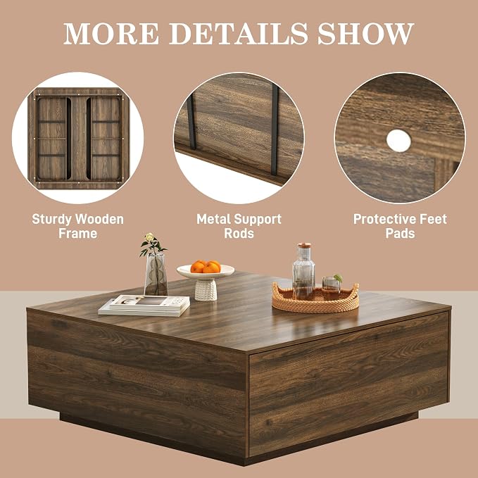 43” Square Coffee Table with Storage, Modern Large Square Center Table with 2 Drawers, Wood Coffee Table for Living Room, Walnut