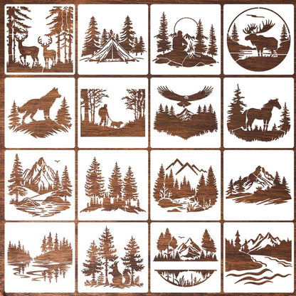 Wood Burning Stencils for Crafts Reusable Forest Wildlife Stencils Mountain Scene Stencil for Painting on Wood Fabrics DIY Crafts