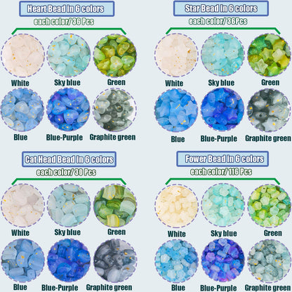 1300Pcs Green Blue Assorted Acrylic Beads for Bracelet Jewelry Making, Frosted Star Heart Flower Cute Cat Head Shape Beads Matte Pastel Beads Cute Aesthetic Kawaii Bead for DIY Necklace Keychain