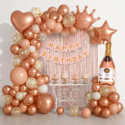 BURGANN Rose Gold Birthday Party Decorations Set, White Silver Gold Balloon Garland Kit with Banner, Crown, Champagne Bottle, Foil Backdrop