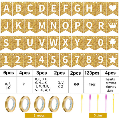 TaoBary 135 Pcs DIY Banner Custom Letters Kit Make Your Own Banner for Birthday Graduation Party Decor Include 107 Letters and Numbers, 16 Symbols, 2 String Lights, 5 Needles, 5 Rope (Gold)