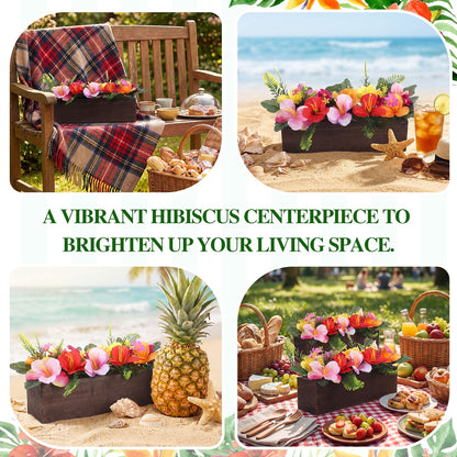 Rivvlive 2PCS Artificial Hibiscus Flowers Table Centerpieces in Wooden Box, 11 inch Summer Beach Wood Box with Realistic Hibiscus Fake Floral Decoration for Hawaiian Luau Beach Party Dining Table