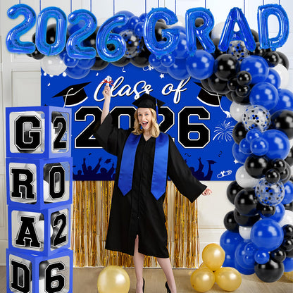 Graduation Decorations 2026, Blue Black Graduation Party Decorations 123pcs Balloon Boxes with Letters, Balloon Arch Kit and Backdrop for 2026 Grad Decor Class of Party Supplies
