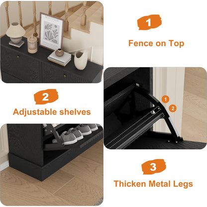 IDEALHOUSE Fluted Shoe Cabinet Storage with 4 Flip Drawers, Wooden Fluted Narrow Shoe Organizer with Adjustable and Removable Shelves, Freestanding Slim Shoe Storage for Entryway Hallway, Black
