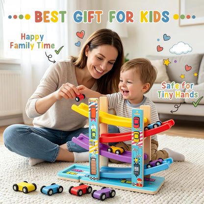 Heirio Montessori Toys for 1 2 3 Year Old Boy Girl - No Assembly Wooden Car Ramp Toy with 4 Race Cars & Parking Lot Garage, Perfect 18 Month 2nd 3rd Birthday Gifts for Toddlers Kids