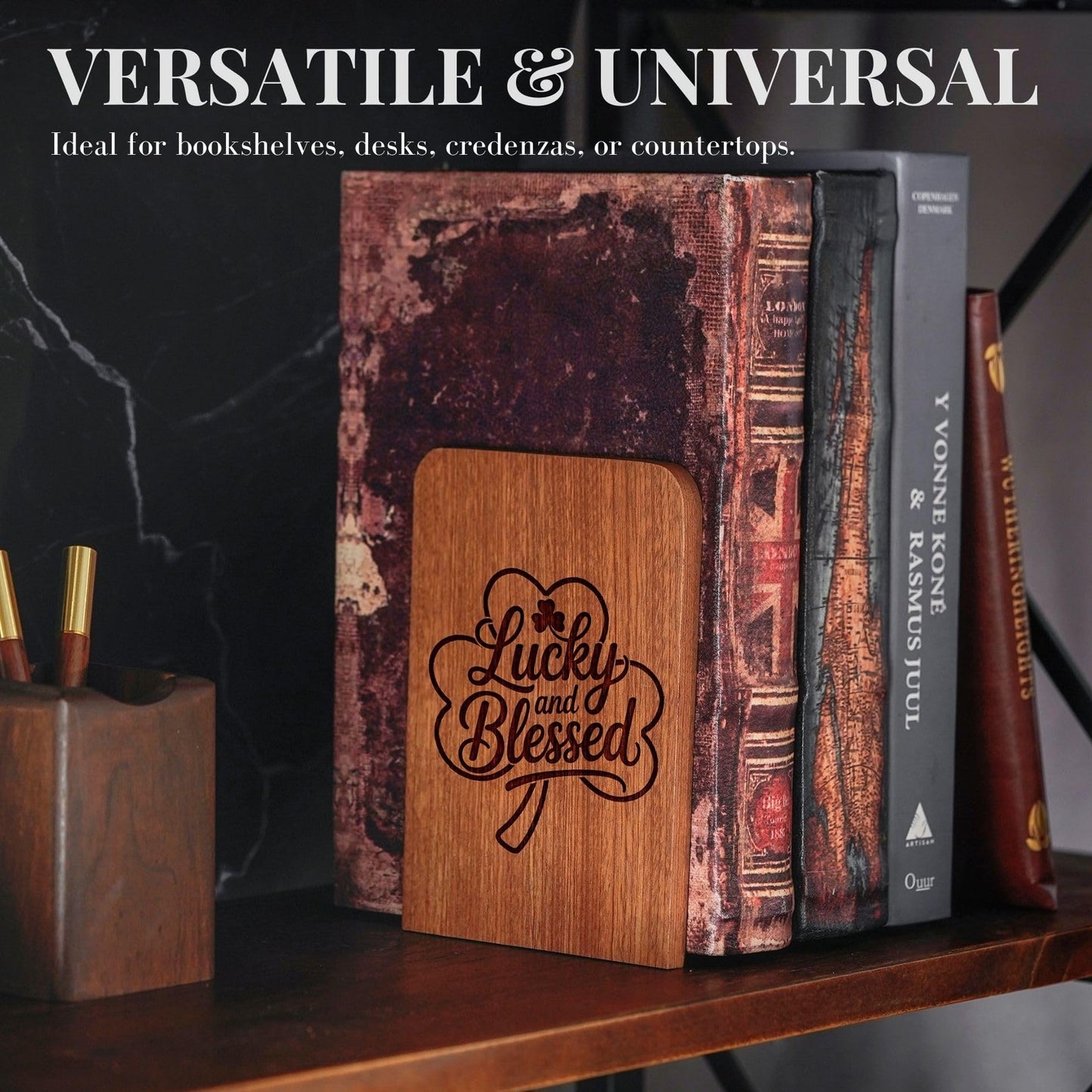 Irish Gifts, Irish Themed Bookends, Heavy Duty Wooden Bookends for Shelves Decorative(1 Pair, 4.72x6.69 Inches)