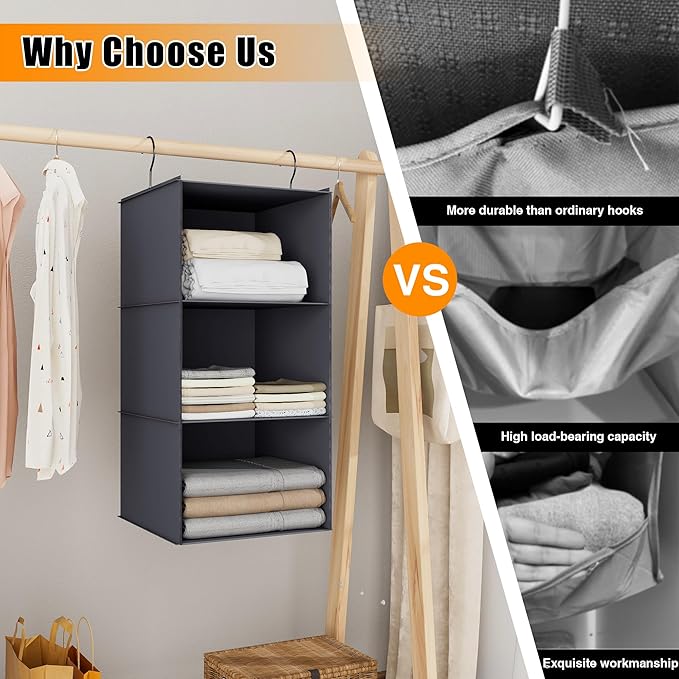 Hanging Closet Organizer and Storage 3-Shelf, Easy Mount Foldable Hanging