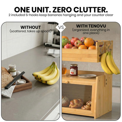 Bamboo Bread Box with Fruit Basket, 2-in-1 Kitchen Countertop Organizer