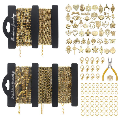Ecoofor 14k Gold Necklace Chain for Jewelry Making, 16.6 Feet Total (5 Rolls) DIY Bracelet Chains with 300 Jump Rings, 50 Lobster Clasps, 1 Jewelry Pliers,1 Support Ring and 50 Pendants