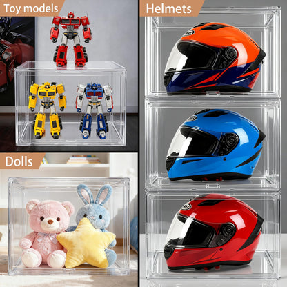 5 Pack XXX-Large Super Large Acrylic Display Case Figures Collectibles Helmet Showcase Boot & Shoe Boxes Clear Stackable Plastic Storage Bins Organizer with Magnetic Lid, 5 Pack with 2 Shoe Bags