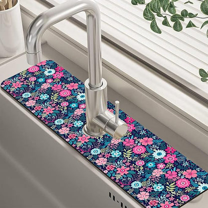 Modern Blue and Pink Floral Sink Faucet Absorbing Mat Sink Splash Guard Faucet