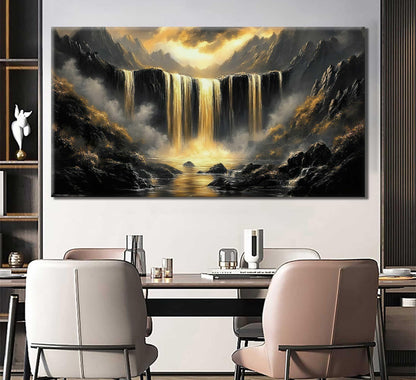 Black Gold Waterfall Canvas Wall Art Abstract Waterfall Wall Decor Mountain Art Posters Pictures for Office for Living Room bedroom Painting Prints Framed
