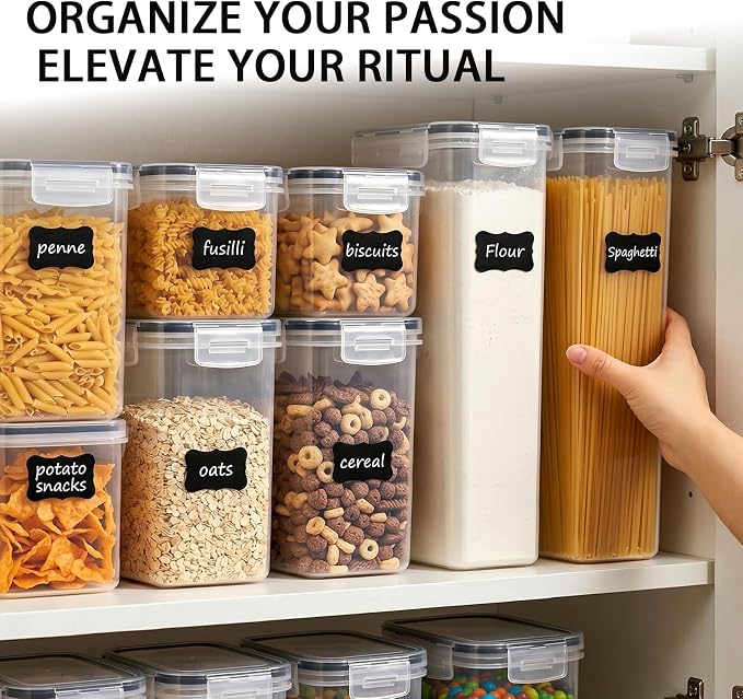 15PC Pantry Storage Containers, Airtight Food Storage Containers with Lids, BPA Free Kitchen and Pantry Organization and Storage Set for Pasta, Dry Food, Flour and Sugar, Cereal