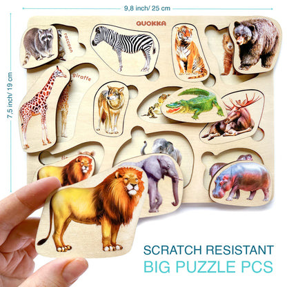 QUOKKA Wooden Puzzles for Toddlers 1-3 – 3xSET Toddler Puzzles Ages 2-4 – Montessori Animal Toy Puzzle for Toddlers 3-5 Year Old – Wood Toy Learning Realistic Animals for Boy and Girl