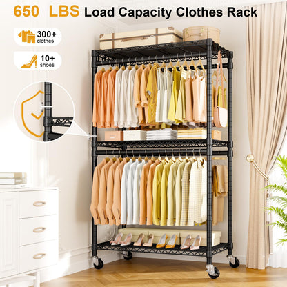 ULIFHOME P5 Rolling Clothes Rack Heavy Duty, Clothing Racks for Hanging Clothes, Metal Garment Rack with Wheels, 3-Tier Portable Closet Rack 39.4'' W × 20.5'' D × 80.5'' H, Max Load 650 Lbs, Black