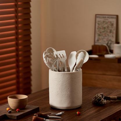 Rustic Beige Stone-Look Utensil Crock for Kitchen Counter – 6" x 7" Heavy Resin Holder with Non-Slip Base, Organizes Wooden Spatulas & Cooking Utensils, Farmhouse Kitchen Decor