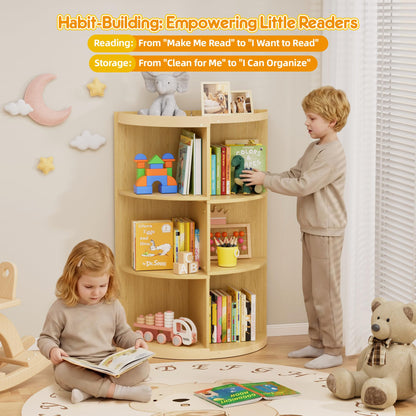HAVLOTII Wooden Corner Kids Bookshelf, Extendable 3 Tier Montessori Bookcase for Children, Toy Storage Organizer, Space-Saving Book Shelf for Kids Rooms, Classroom, Playroom, Nursery, Daycare