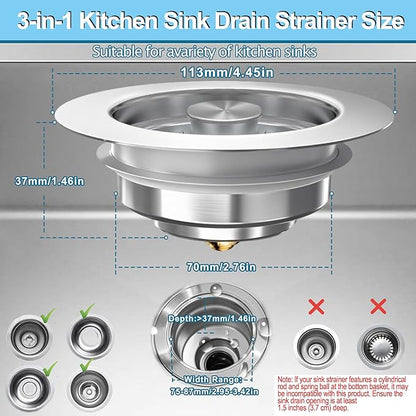 3-in-1 Kitchen Sink Drain Strainer & Stopper, Stainless Steel Food Catcher Plug