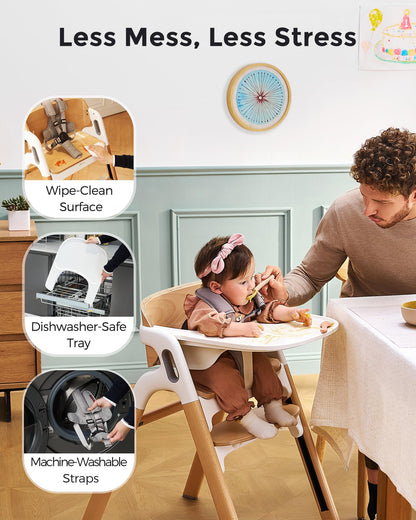 Momcozy DinerPal Wooden High Chair for Babies, Toddlers & Adults Up to 308 Lbs, Convertible Baby Highchair with Food-Grade Tray, Dishwasher-Safe, Adjustable & Ergonomic, Natural Wood