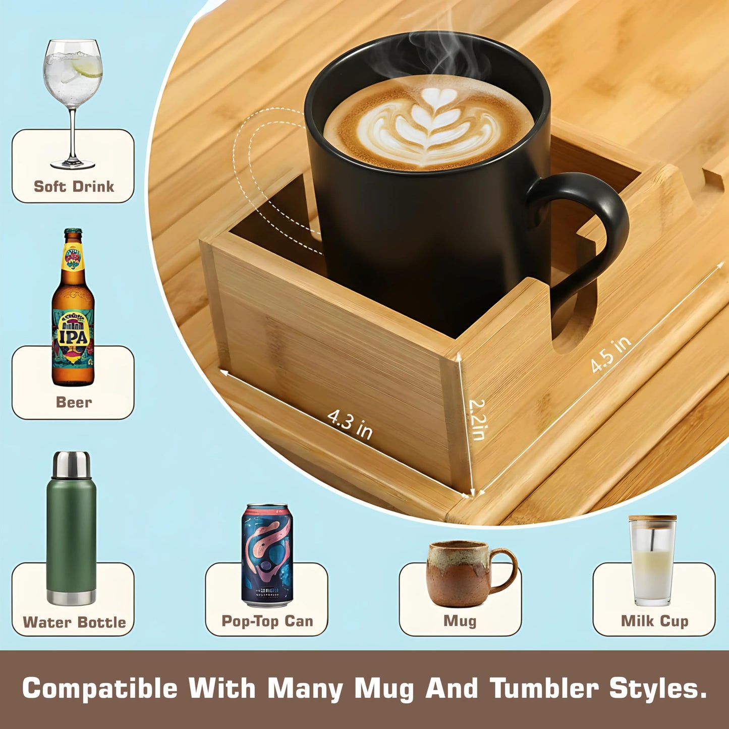 Wooden Sofa Arm Tray for Couch, Cup Holder & Armrest Organizer – Non-Slip Couch Arm Tray, Couch Cup Holder for Drinks, Snacks & Remotes – Flexible Couch Tray for Drink, Armrest for Living Room