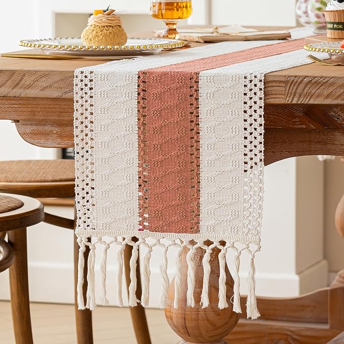 FEXIA Boho Table Runner for Summer Home Decor with Tassels 72 Inches Farmhouse Long Rustic Table Runner Macrame Burlap Centerpieces for Tables Decoration for Living Room Coral (12x72 Inches)