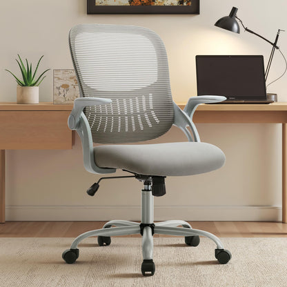Sweetcrispy Home Office Managerial Executive Chair, Ergonomic Mesh Adjustable Swivel Mid-Back Chair with, Flip-up Arms, Comfortable Lumbar Support, Comfy Arms for Bedroom,Study,Student, Grey