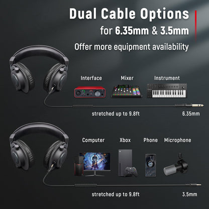 FIFINE Studio Monitor Headphones for Recording, Wired Headphones with 50mm Driver, Over Ear Headset with Detachable Cables 3.5mm or 6.35mm Jack, Black, on PC/Mixer/Amplifier-H8