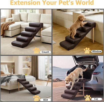 5-Step 23.6" H Dog Stairs for Bed Couch, Waterproof & Scratch PU Leather Pet Steps for Senior Large Dogs and Cats, Dog Ramp with 220 lbs Maximum, Oak Leg & Solid Wood, Non-Slip Feet,Brown