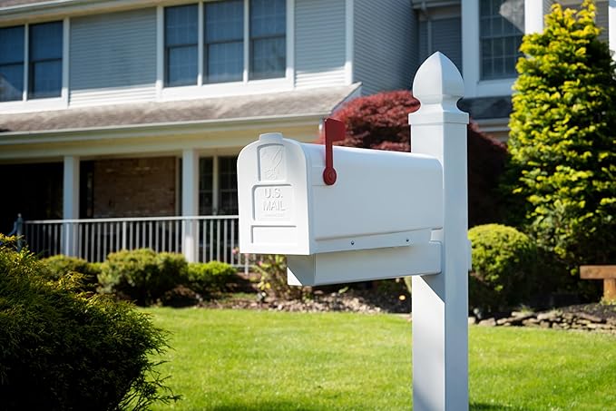 Architectural Mailboxes Parsons Plastic Post Mount Mailbox, Compatibility Code A, PL10W0AM, White, Medium Capacity, 1 Count (Pack of 1) | Durable plastic build with weather-resistant outdoor construction. USPS approved.