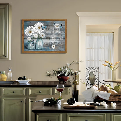 Wood Framed Daisy Butterfly Wall Art, Blue Rustic Farmhouse Canvas Wall Decor Paintings, Inspirational Flower Still Life Posters Prints Pictures for Bathroom Bedroom Home Decor 12x16 Inch