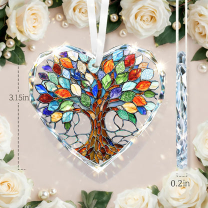 Tree of Life Stained Glass Ornament Christmas Tree Decorations Heart Shape Crystal Ornaments Holiday Presents Idea Car Hanging Ornaments Unique Keepsale for Mom Wife Friend Sister
