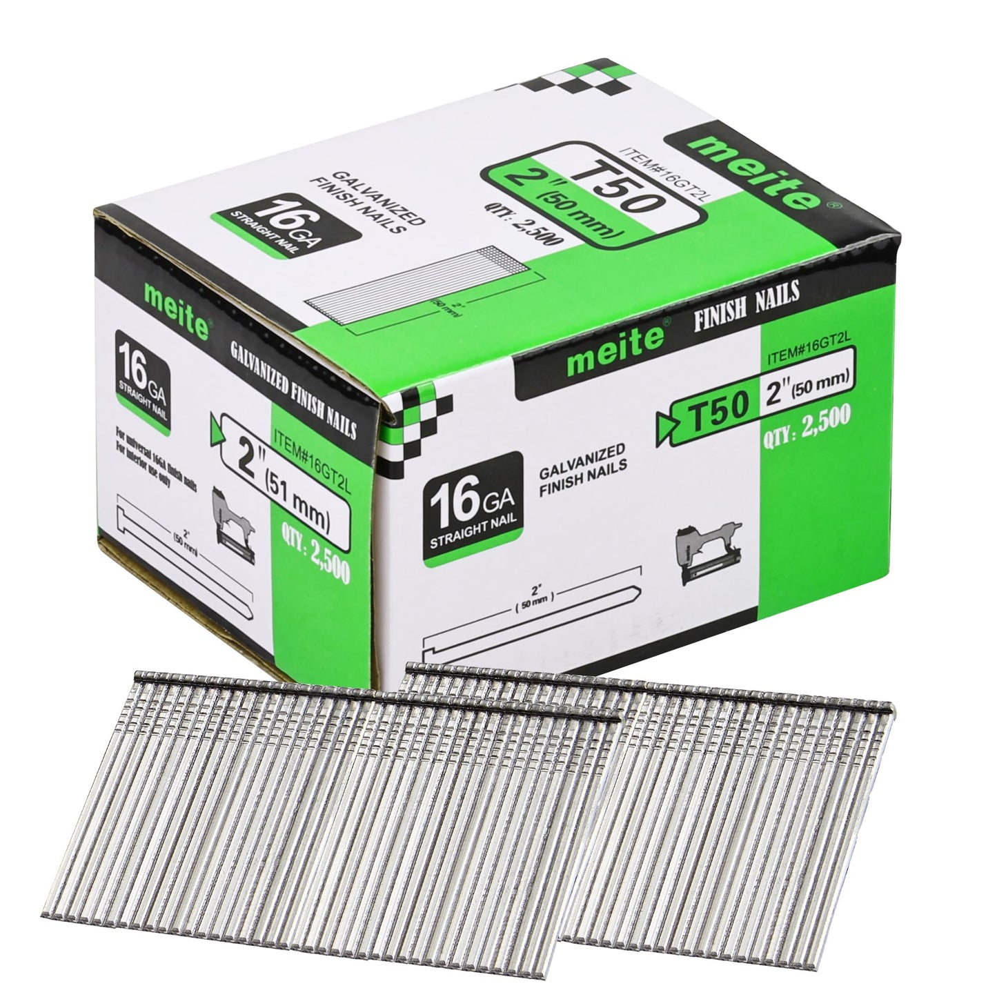 meite 16 Gauge Finish Nails, 2-Inch Galvanized 16GA Finish Nails, Small Straight Finishing Nail, Ideal for Woodworking, Upholstery, and Framing Projects (2,500 Counts)