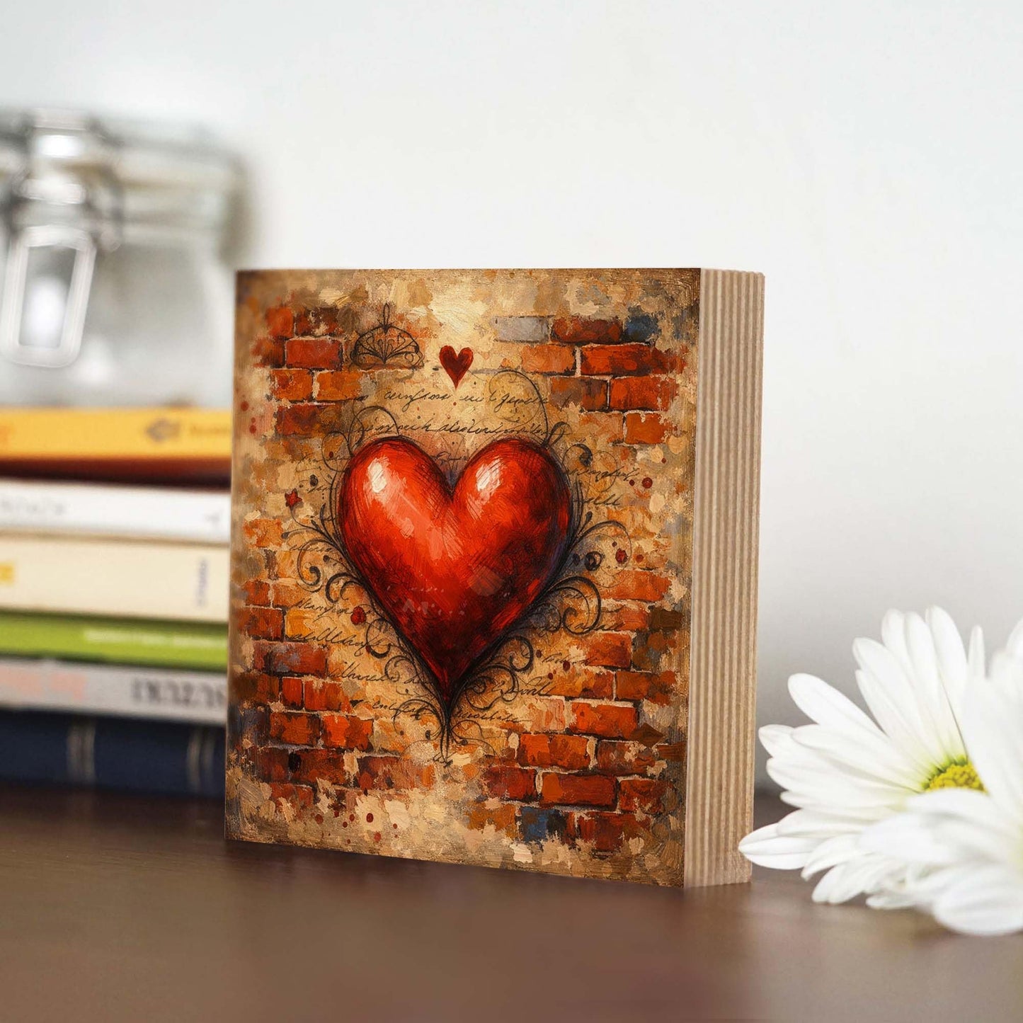 Heart Wooden Block Sign, Romantic Urban Art Wood Decor, Love Inspired Shelf Sitter Home Table Mantel Tiered Tray Accent, Meaningful Gift for Couple